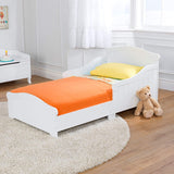 Wooden Toddler Bed with Wainscoting Detail and High Side Rails - White, Gift for Ages 15 mo+