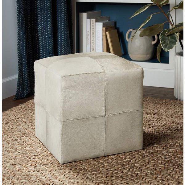 Astoria Weathered Ivory Leather Hide Pouf Ottoman