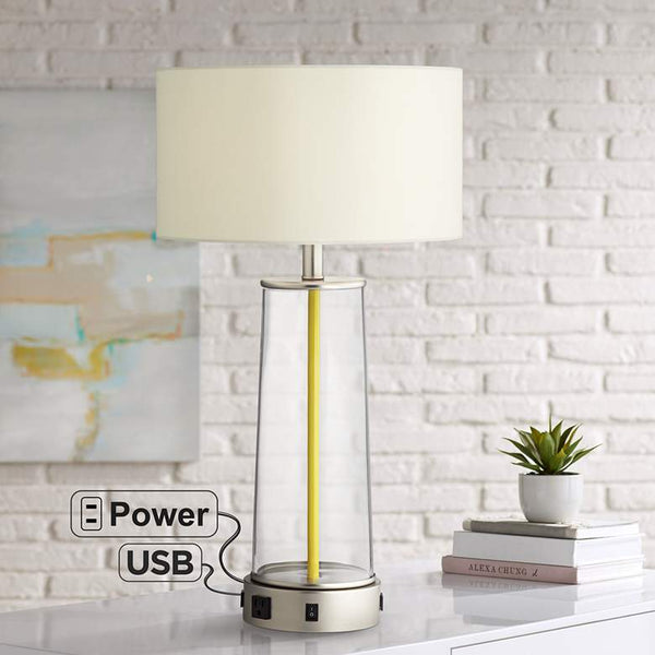 Melina Clear Glass Table Lamp with USB Ports and Outlet