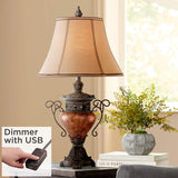 Bronze Crackle Large Traditional Urn Table Lamp with USB Cord Dimmer