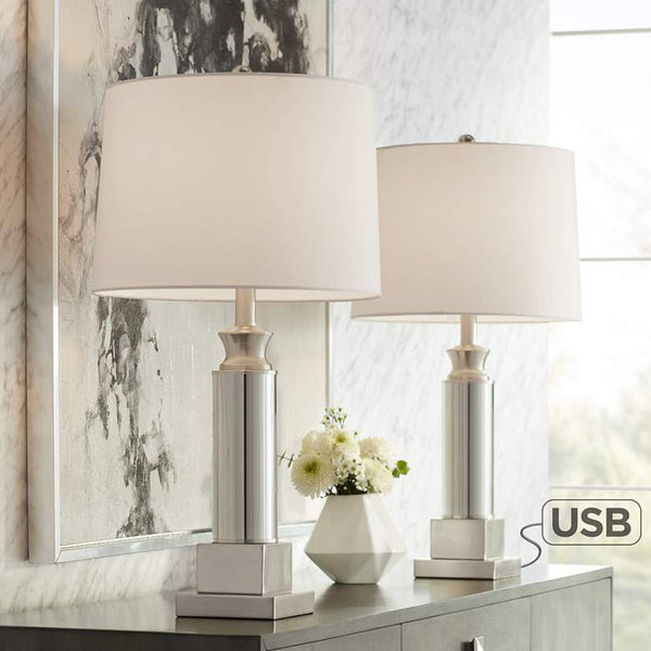 Silver Column Mercury Glass USB Table Lamps Set of 2