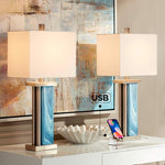 Laguna Blue Modern Coastal USB Table Lamps Set of 2