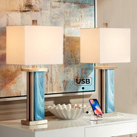 Laguna Blue Modern Coastal USB Table Lamps Set of 2