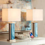 Laguna Blue Modern Coastal USB Table Lamps Set of 2