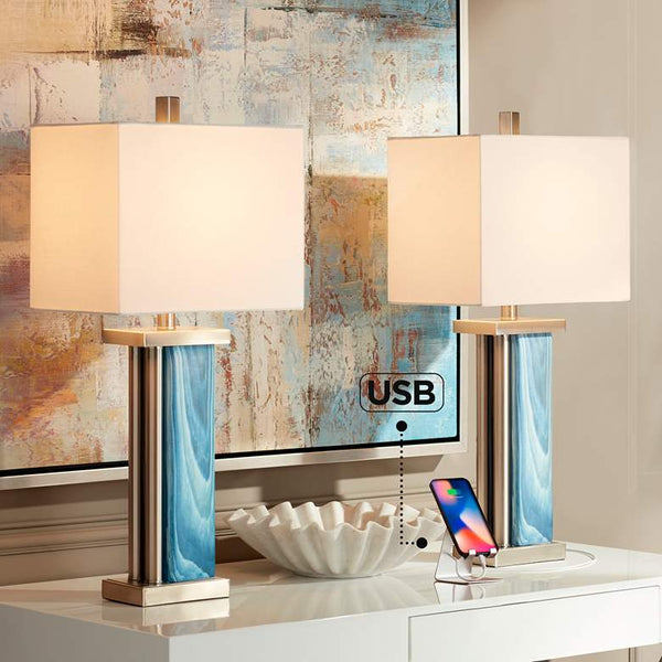 Laguna Blue Modern Coastal USB Table Lamps Set of 2