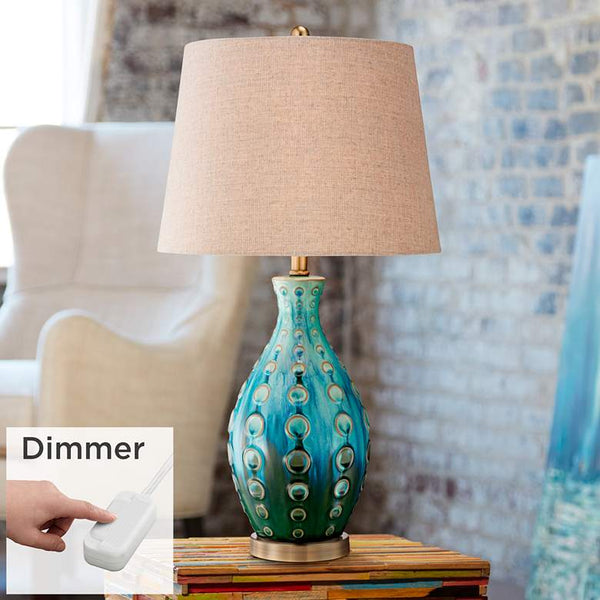Mid-Century Ceramic Vase Teal Table Lamp with Table Top Dimmer