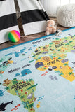 Animal World Map Kids Area Rug Baby Blue