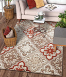 Floral Panel Red, Beige, Taupe, High Traffic Stain Resistant Indoor Outdoor Area Rug