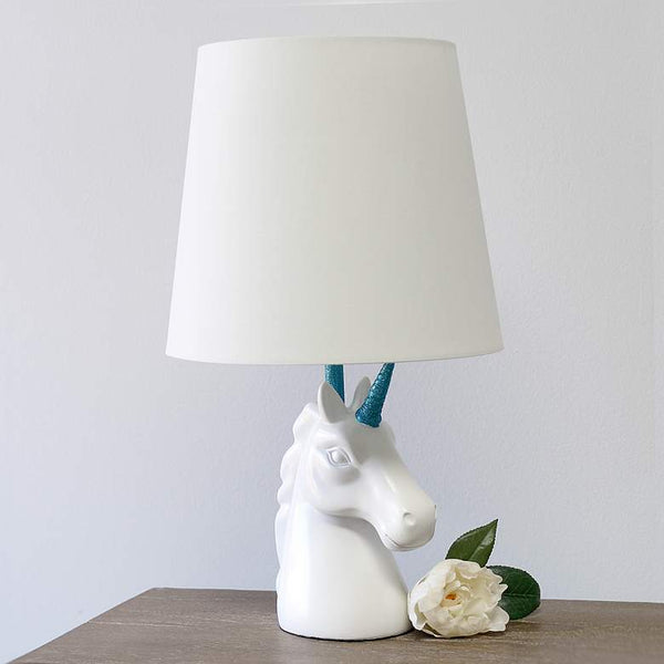 Simple Designs 16"H Sparkling Blue and White Unicorn Accent Table Lamp