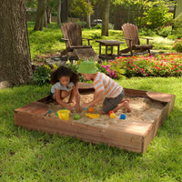 Wooden Backyard Sandbox with Built-in Corner Seating and Mesh Cover