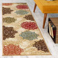 Modern Floral Non-Skid (Non-Slip) Low Profile Pile Rubber Backing Indoor Area Rugs Beige