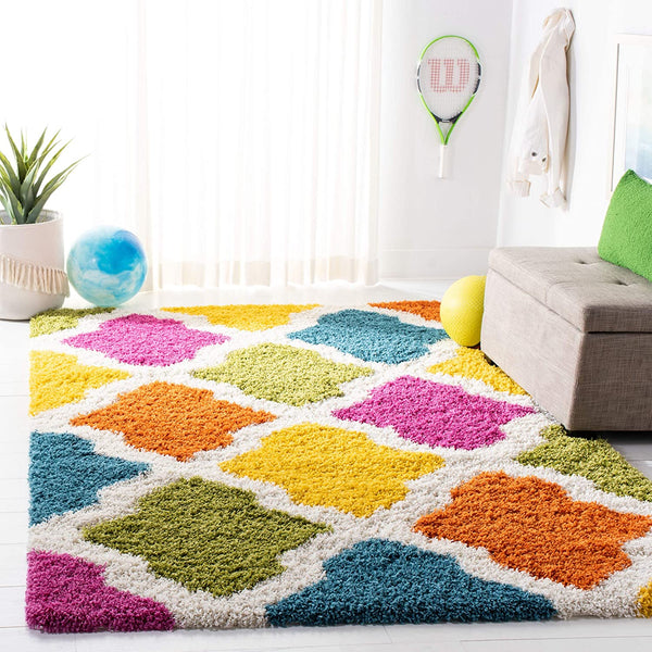 Kids Shag Collection Rainbow Trellis Plush 2-inch Thick Area Rug Ivory / Multi