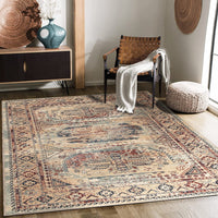 Adiva Rugs Machine Washable Area Rug for Living Room, Bedroom, Bathroom, Kitchen, Printed Persian Vintage Home Decor, Floor Decoration Carpet Mat (Beige/Blue, 5'3" x 7'5")
