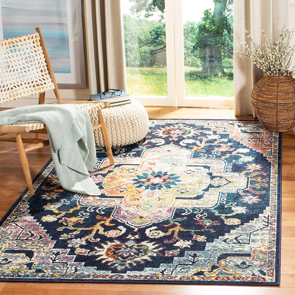 Oriental Medallion Distressed Area Rug, Navy / Fuchsia