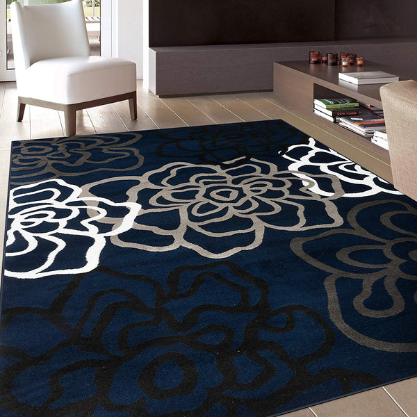Floral Navy Grey White Area Rug