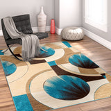 Modern Geometric Blue, Beige, Brown Comfy Hand Carved Area Rugs