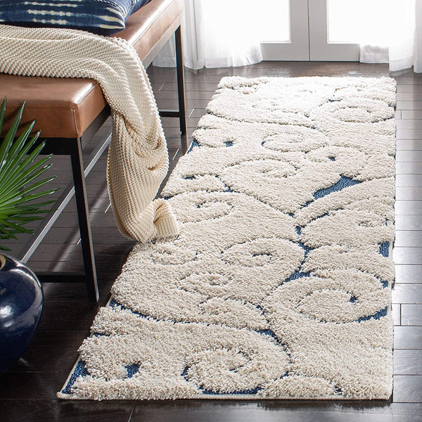 Premium Swirl Thick Plush Cream/Blue   Area Shag Rug