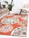 Carved Floral Transitional Indoor/ Outdoor Flat Weave Terracotta/Beige Area Rug