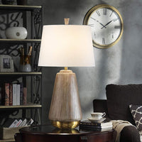 Wolcott Round Faux Wood Table Lamp with Hammered Brass Base