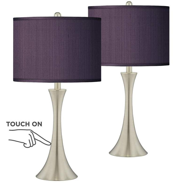 Eggplant Purple Faux Silk Brushed Nickel Touch Table Lamps Set of 2