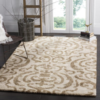 Damask Plush Thick Shag Area Rug, Cream / Beige