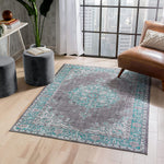 Areva Machine Washable Teal Blue Vintage Oriental Medallion Flat Pile