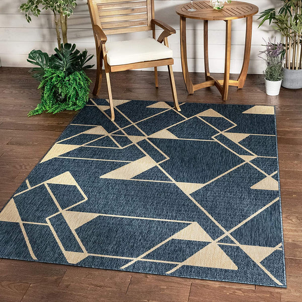 Prosa Blue & Beige Indoor/Outdoor Flat Weave Pile Geometric Triangles Pattern Area Rug
