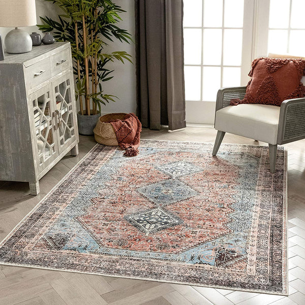 Menda Light Blue Machine Washable Vintage Style Classic Distsressed Persian Mat Area Rug