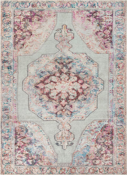 Vintage Persian Pink Green Flat-Weave Distressed Rug - Machine Washable