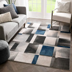 Blue Modern Geometric Boxes Squares Pattern Soft Area Rug