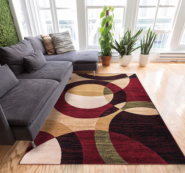 Modern Styling Shapes Circles Multi Color Red Black Beige Thick Soft Area Rug