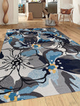 Blue Gray Ivory Floral Area Rug Non Slip/ No Skid - Low Pile