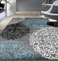 Gray Blue Large Floral Area Rug