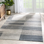 Beni Grey/Blue Boxes & Stripes Abstract Geometric Area Rug