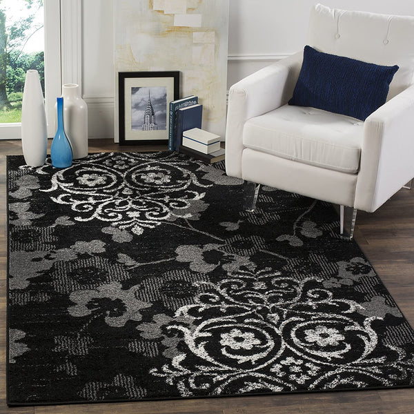 Black/Silver Floral Damask Soft Area Rug