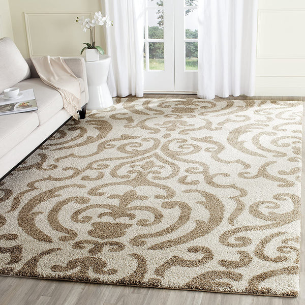 Damask Plush Thick Shag Area Rug, Cream / Beige