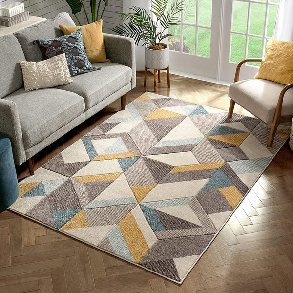 Blue Gold Boxes Triangles Pattern Area Rug