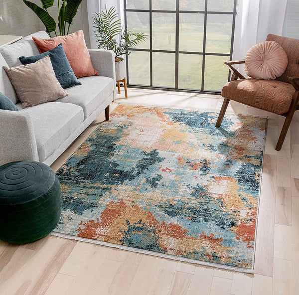 Multi Blue Pink Abstract Geometric Distressed Pattern Soft Area Rug
