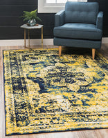 Vintage Distressed Navy Blue Yellow Area Rugs