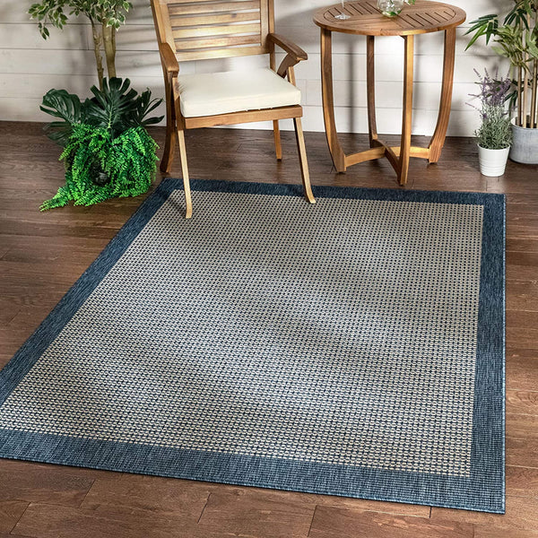 Blue Indoor/Outdoor Flat Weave Pile Border Pattern Area Rug