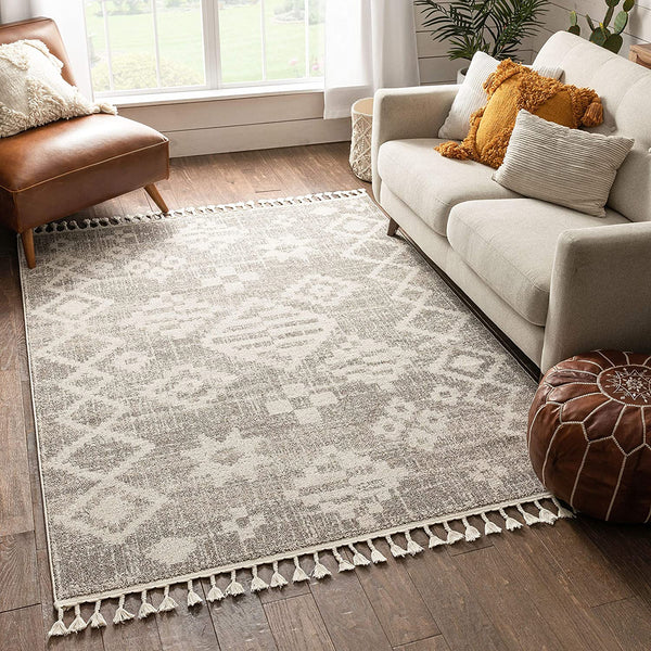 Grey Beige Tassel Moroccan Soft Area Rug