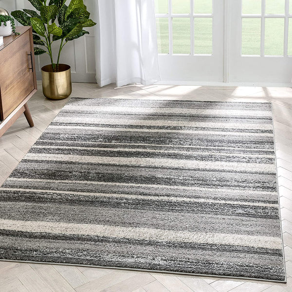 Nerja Grey & Ivory Stripes Abstract Geometric Pattern Area Rug 8x10 (7'10" x 9'10")