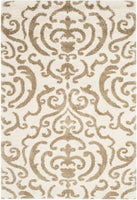 Damask Plush Thick Shag Area Rug, Cream / Beige