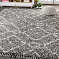 Mercer Shag Plush Tassel Moroccan Diamond Indoor Soft Area Rug Cream/Grey