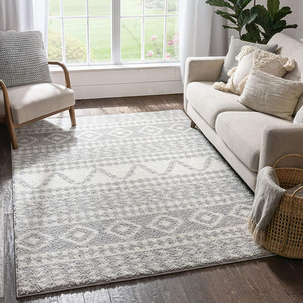 Tribal Diamond Stripes Grey Soft Shag Area Rug