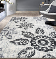 Distressed Floral Soft Ivory Gray Shag Area Rug