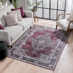 Mareva Machine Washable Burgundy Red Vintage Oriental Medallion Area Rug