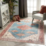 Towne Blue Machine Washable Vintage Style Classic Distresseed Tribal Medallion Area Rug