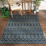 Blue Beige Indoor/Outdoor Flat Weave Pile Nordic Lattice Pattern Area Rug