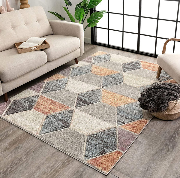 Messer Soft Pastel Multi Color Hexagon Boxes & Squares Geometric Area Rug